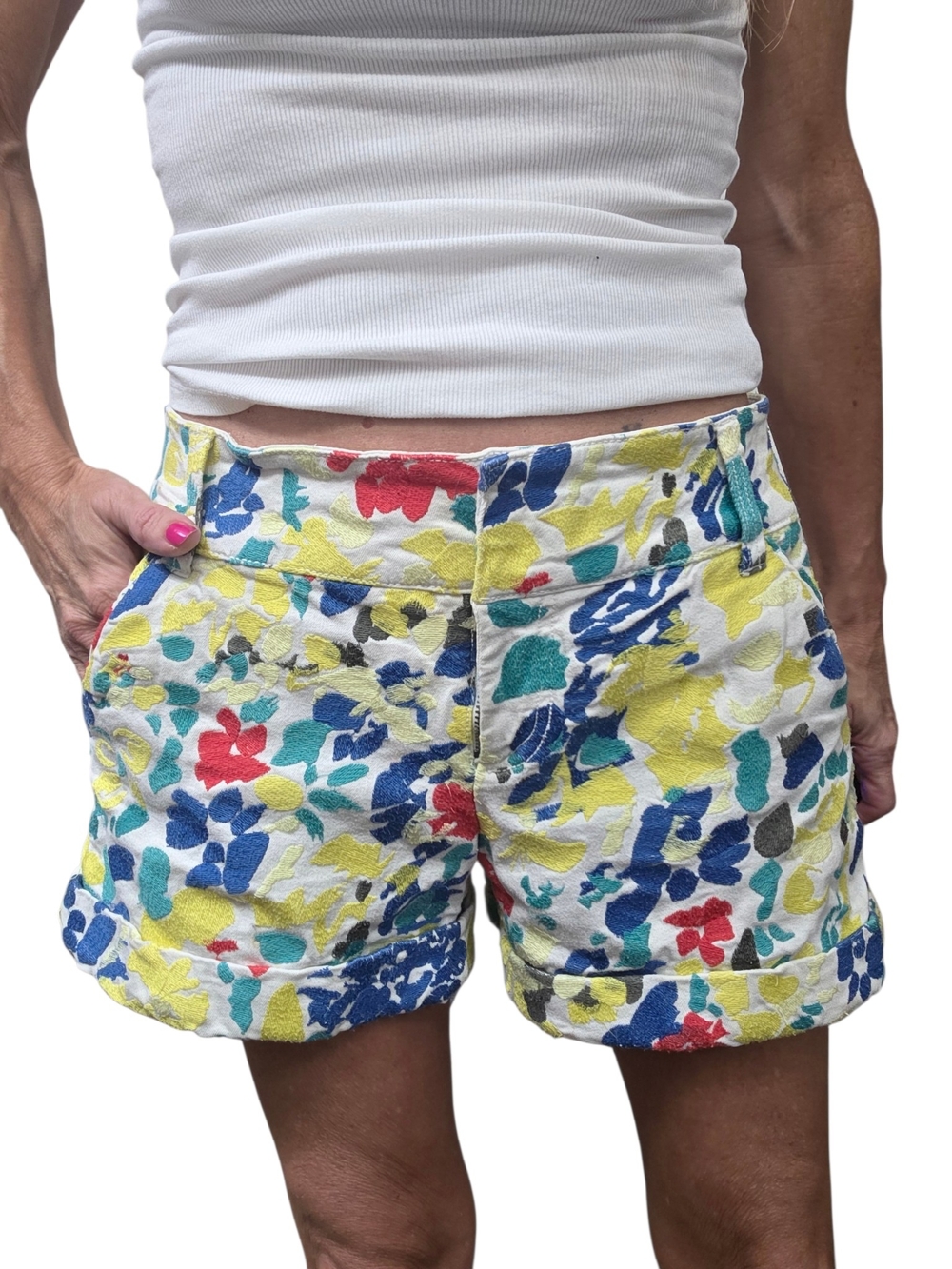 Alice + Olivia Floral Embroidered Cuffed Shorts Multicolor Size 6